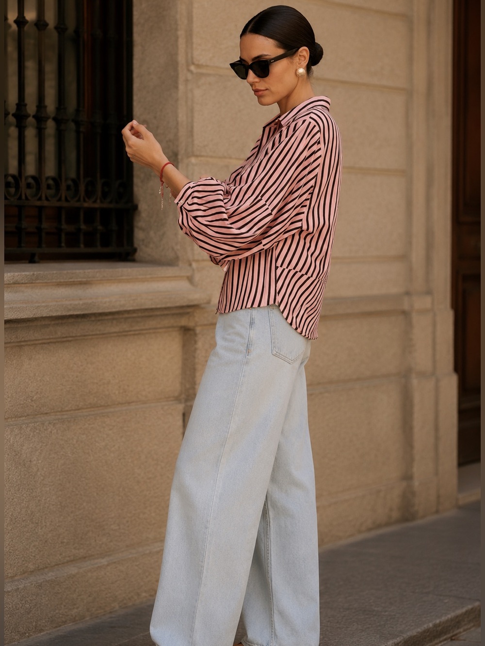 Zara Pink Striped Balloon Sleeve Button Front Shirt Blouse M NWT - Picture 1 of 11